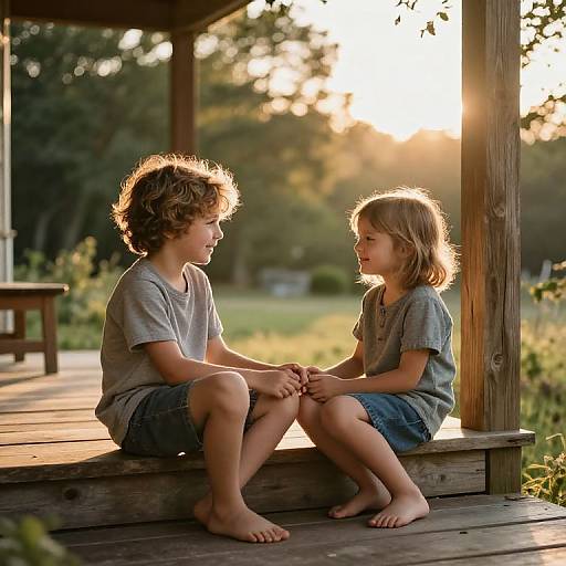 Cozy Sibling Moment on Porch
