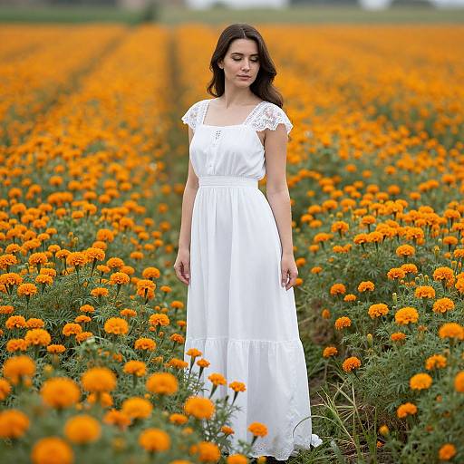 Photograph of a young woman with wavy brown hair in a white lace-trimmed dress standing in a vibrant orange marigold field.