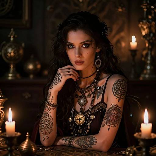 Dark-haired woman with intricate tattoos, wearing black lace and ornate jewelry, surrounded by candles in a dimly lit, gothic setting. Photoreal