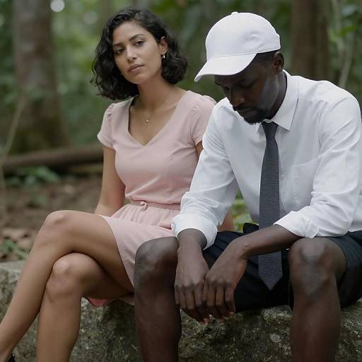 Photograph of a Black man in a white shirt and cap, black tie, and black shorts, sitting beside a Latina woman in a pink dress,