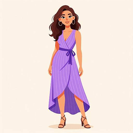 Digital illustration of a confident woman with long brown hair, wearing a purple, striped, sleeveless dress with a side slit, and strappy sandals,