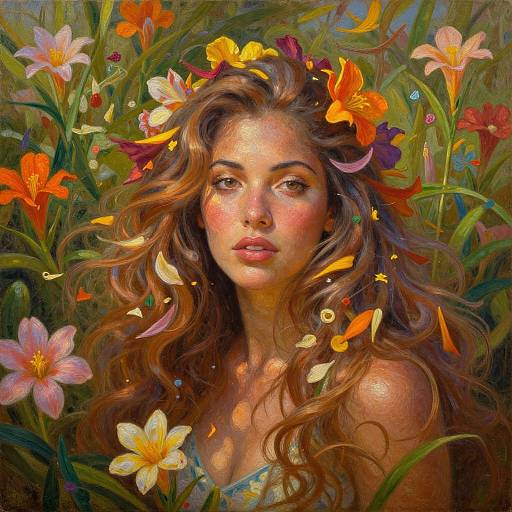 Digital painting of a fair-skinned woman with wavy brown hair, surrounded by vibrant orange, pink, and white flowers, wearing a floral crown,