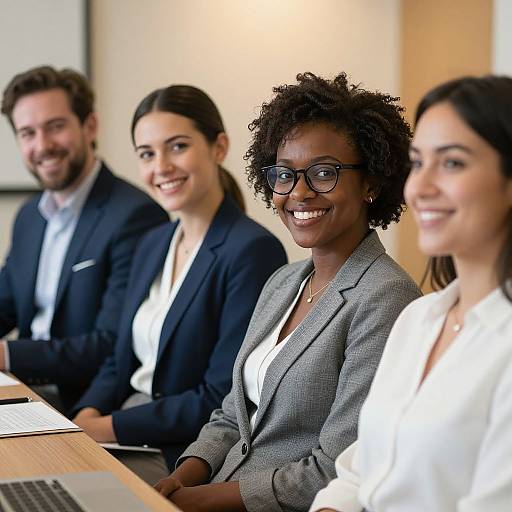 Photograph of four diverse, smiling professionals in business attire, seated at a wooden table with laptops, in a modern office.