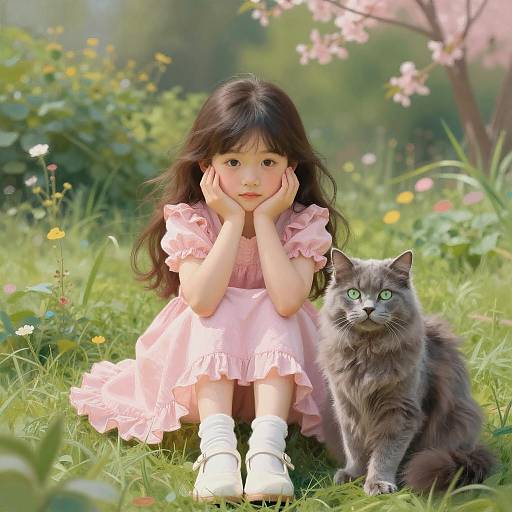 Serene Young Girl with Cat in Garden