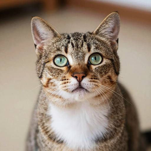 Close-up photograph of a tabby cat with green eyes, white chest, and brown and black striped fur, looking directly at the camera.