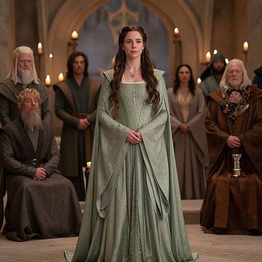 Photograph of a model in an elaborate, green medieval gown with long sleeves, standing center stage in front of candlelit, stone-arched background