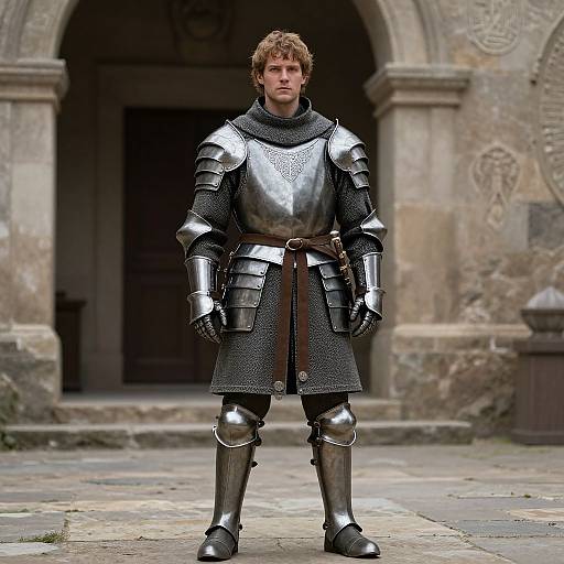 Photorealistic CGI of a young man with curly brown hair, wearing shiny medieval silver armor, standing in front of a stone archway.
