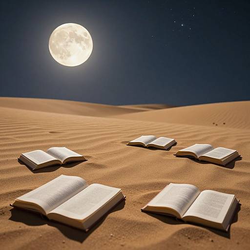 Photograph of five open books on a moonlit desert sand dune, with a bright full moon in a starry night sky.