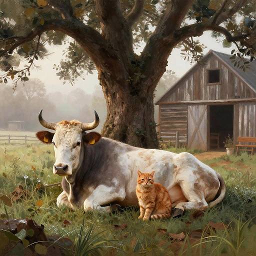 Photograph-style digital painting of a white cow with black horns lying beside an orange tabby cat under a large tree, with a rustic wooden barn in