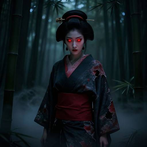 Photograph of a pale, red-eyed Japanese geisha with black hair in an ornate updo, wearing a dark, blood-stained kimono