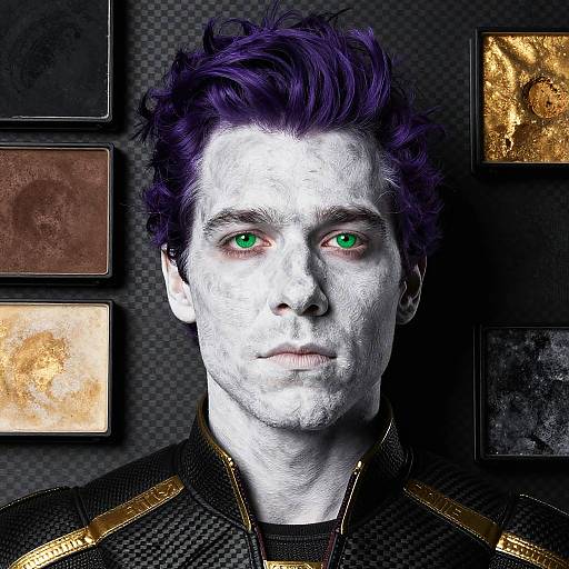 Digital portrait of a man with white-painted face, vibrant green eyes, and purple hair, wearing a black and gold jacket, against a dark,