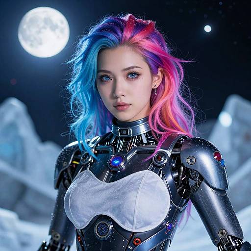 Digital art of a cybernetic woman with vibrant blue and pink hair, wearing a black and silver robotic suit, under a glowing full moon in a