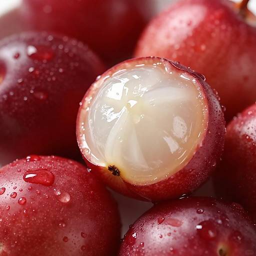 Close-up photograph of red apples with water droplets, one apple prominently showing its translucent, glossy white interior.