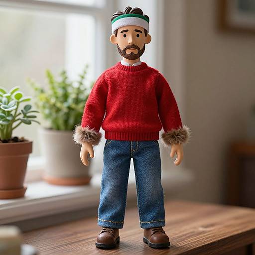 Photograph of a handmade, bearded doll in red sweater, blue jeans, brown shoes, and green headband, standing on wooden table with p