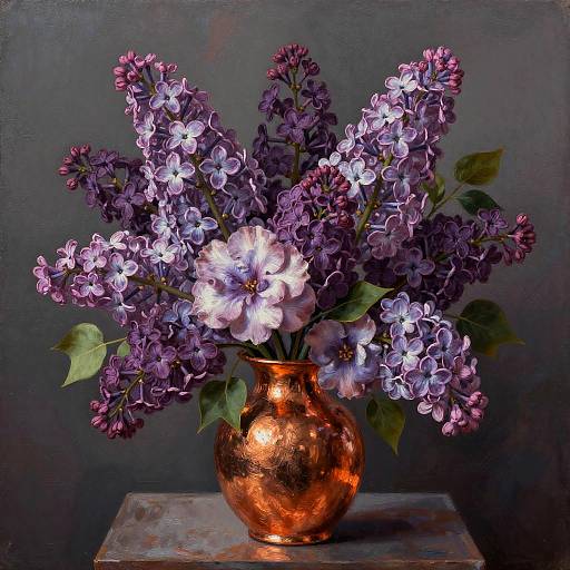 Photograph of a bronze vase with vibrant purple and white lilac flowers, set against a dark, textured background.