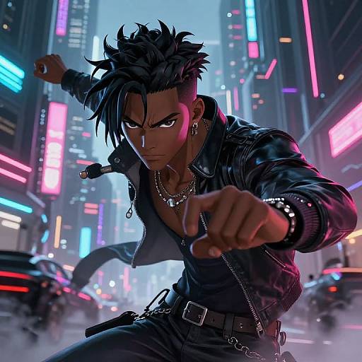 Digital anime-style artwork of a fierce, dark-skinned, muscular man with spiked black hair, wearing a black leather jacket, pointing forward in a neon