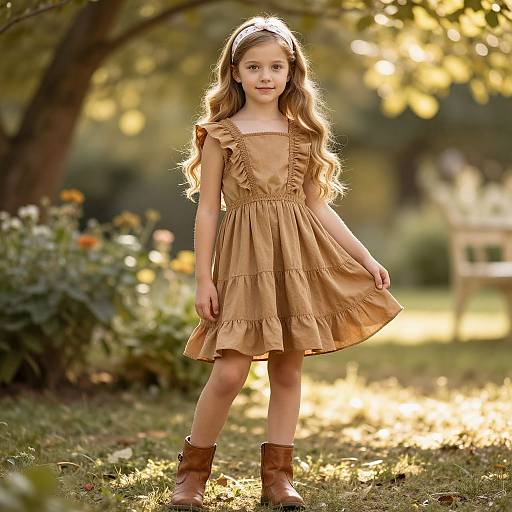 Photograph of a young girl with long, wavy brown hair, wearing a golden-brown dress and brown boots, standing in a sunlit garden