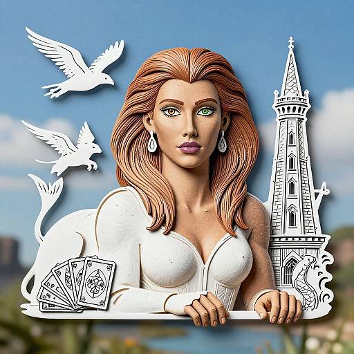Digital artwork of a red-haired woman with green eyes, white dress, and pearl earrings, holding playing cards, with white doves and a tower in