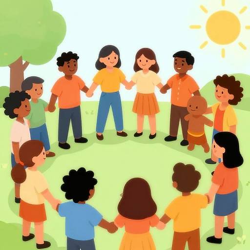 Colorful digital illustration of diverse children holding hands in a circle on grass, with trees and sun in the background.