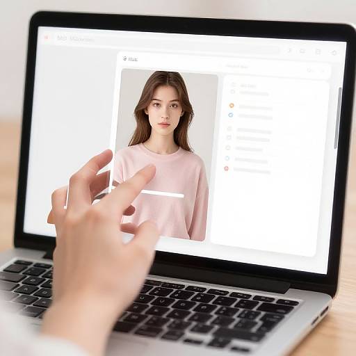 Photograph of a woman's face on a laptop screen, with a hand in focus pointing at the screen, wearing a pink long-sleeve shirt