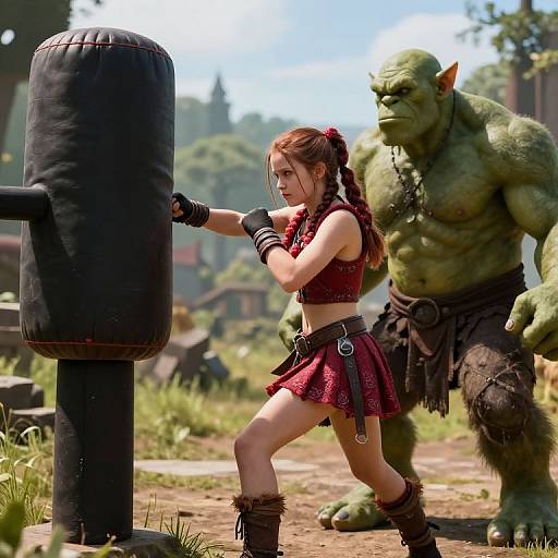 Digital art: Red-haired woman in red crop top and skirt punches black punching bag, green orc watches. Sunny, grassy outdoor setting. 