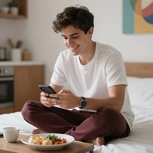 Young Man Smiling with Smartphone on Bed