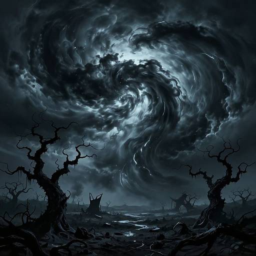 Digital art of a dark, swirling stormy sky over a desolate, treacherous landscape with twisted, leafless trees and eerie silhouettes