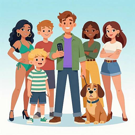 Colorful Cartoon Family and Dog Illustration