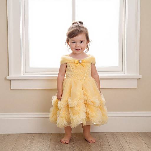 Photograph of a smiling toddler girl with light brown hair in a yellow, ruffled, off-shoulder dress, standing barefoot in front of