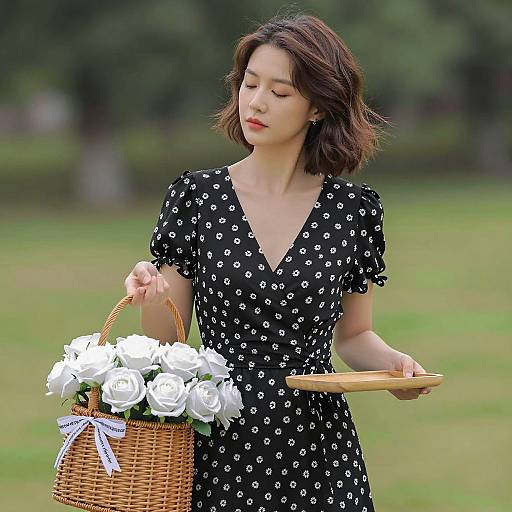 Elegant Woman in Floral Dress Outdoors