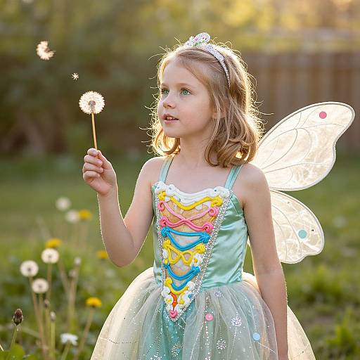 Photograph of a young blonde girl in a fairy costume with wings, holding a dandelion, standing in a sunlit garden.