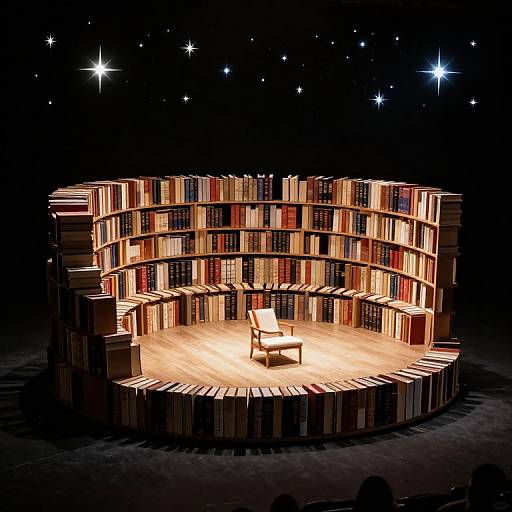 Photograph of a stage featuring a circular bookshelf structure with illuminated books and a single white armchair centered on a wooden floor, under a starlit