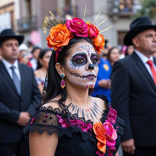 Photograph of a woman with Day of the Dead face paint, black lace dress, orange-red flower headpiece, surrounded by people in formal attire,