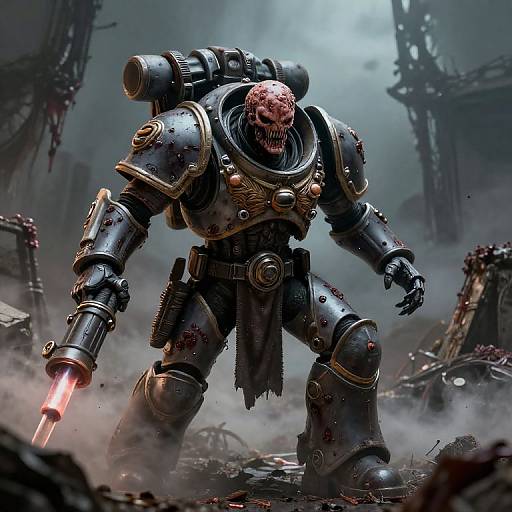 CGI sci-fi image of a skeletal warrior in dark, armored power suit with glowing red laser gun, amidst ruins and smoke.