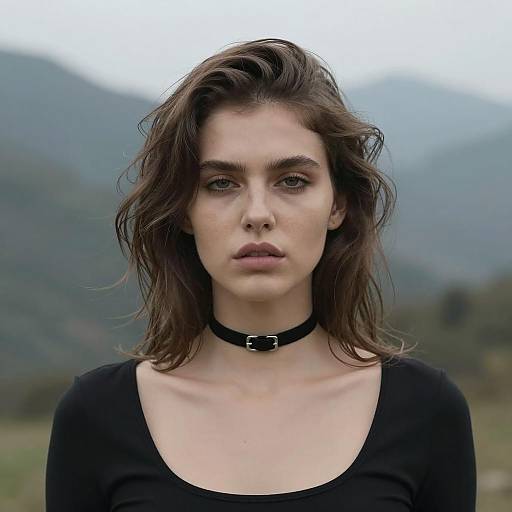 Serious Woman with Brown Hair in Nature