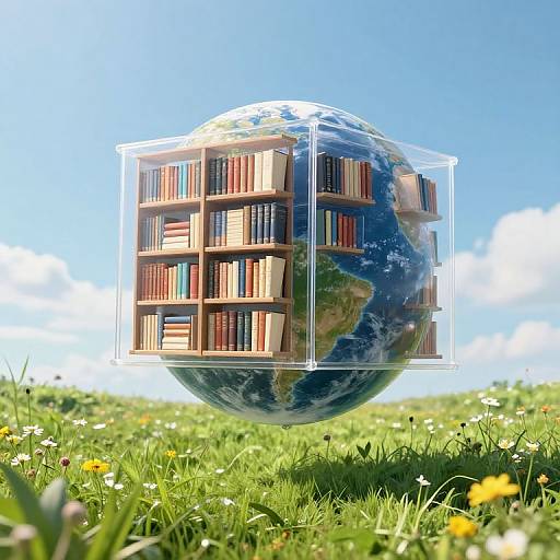 Photograph of a floating, transparent cube containing a bookshelf with numerous books, hovering above a grassy field with yellow flowers, set against a bright