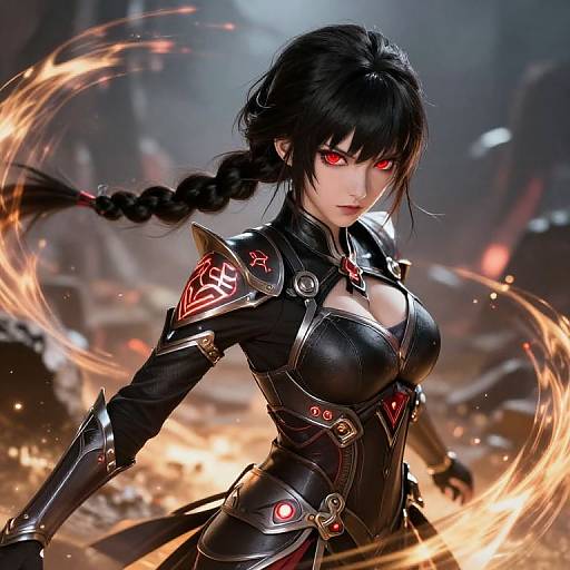 Digital artwork of a fierce, red-eyed woman with black hair in a braid, wearing black, armored futuristic attire, surrounded by fiery energy, in