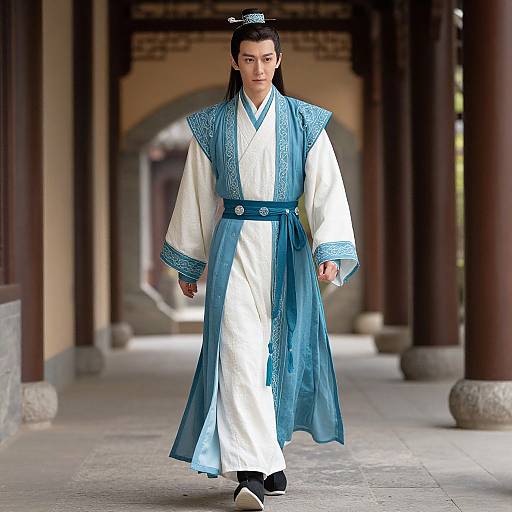 Photograph of an East Asian man in traditional blue and white Korean hanbok, walking in a colonnaded hallway with arches.