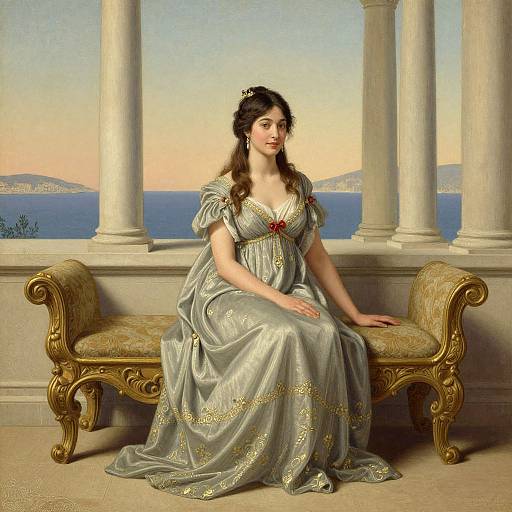 Classical painting of a fair-skinned woman with dark hair, wearing a silver, gold-embroidered gown, seated on an ornate bench