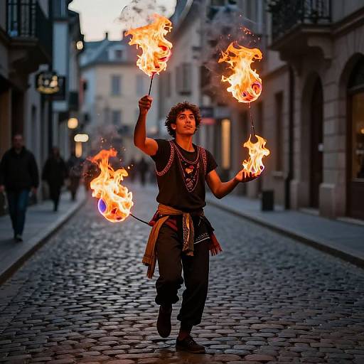 Fiery Orb Juggler on Cobblestone Street
