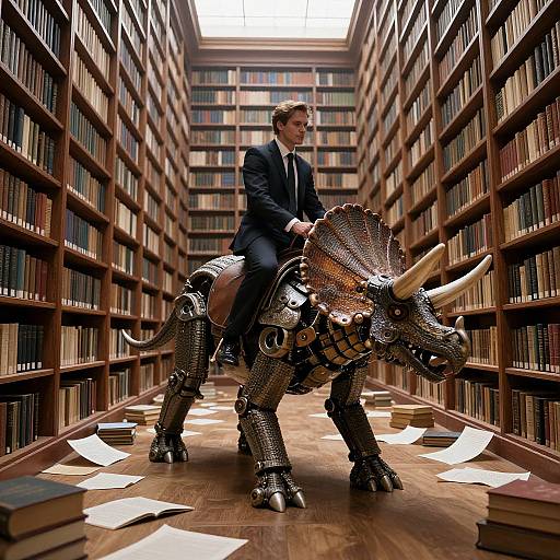 Photograph of a man in a black suit riding a robotic rhinoceros through a narrow, book-filled library aisle with scattered papers.