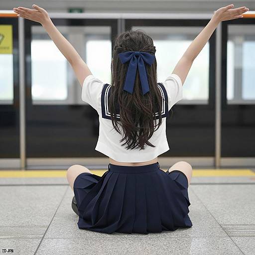 Woman in School Uniform Sitting on Platform