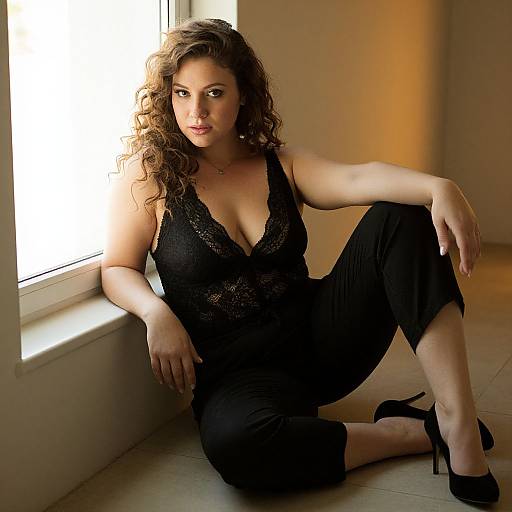 Photograph of a curvy woman with curly brown hair, wearing a black lace halter top and black capri pants, sitting by a window in