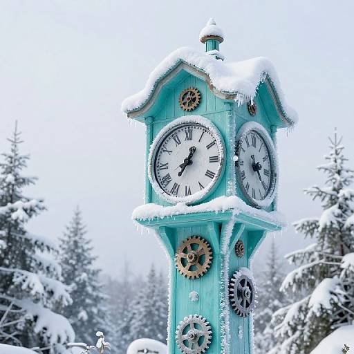 Photograph of a turquoise, snow-covered, four-sided clock tower with black Roman numerals, set against a snowy, evergreen forest background.
