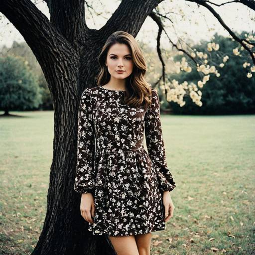 Woman in Floral Dress Standing by Tree