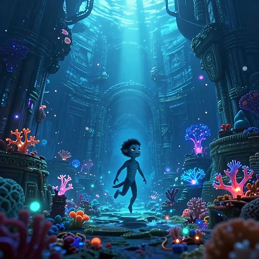 Digital art: Silhouetted child with curly hair swims through glowing, underwater temple adorned with colorful corals and bioluminescent lights, illuminated