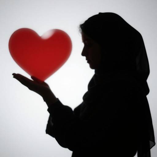 Silhouetted woman in hijab holding a bright red heart against a white background, creating a striking contrast. Photograph.