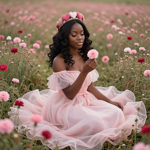 Photograph of a beautiful Black woman with long curly hair, wearing a pink, off-shoulder, tulle dress, and a floral crown,