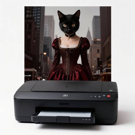Photograph of a black cat with yellow eyes wearing a Victorian-style maroon dress, standing in front of a cityscape, positioned behind a black ink