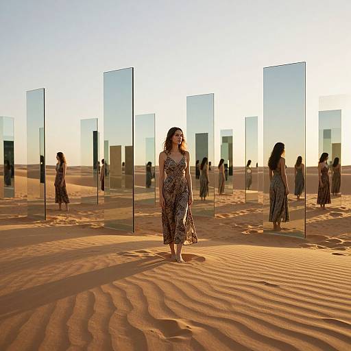 Photograph of a desert landscape at sunset, featuring a woman in a patterned dress walking amidst reflective glass panels, casting distorted shadows on the rippled